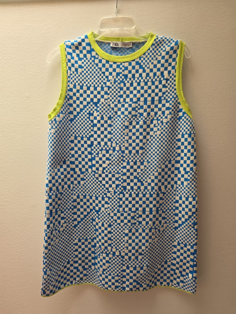 Zara Blue and White Checker Knit Shift Dress with Lime Green Trim